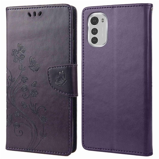 Butterfly Flower Imprinting Wallet Leather Case for Motorola Moto E32, Phone Shell Accessory with Stand - Purple