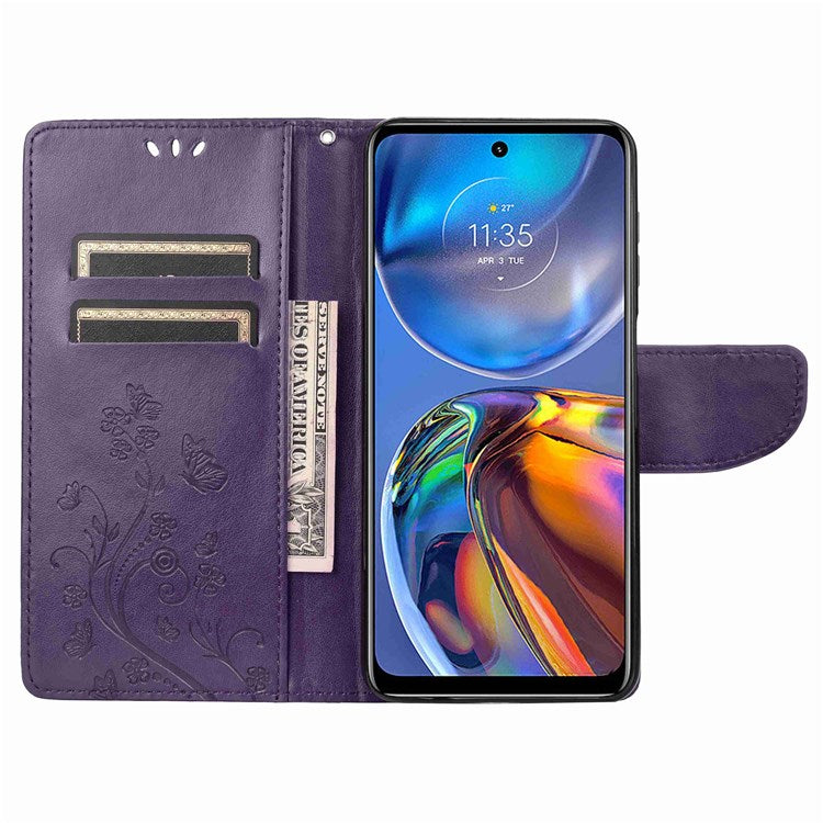 Butterfly Flower Imprinting Wallet Leather Case for Motorola Moto E32, Phone Shell Accessory with Stand - Purple