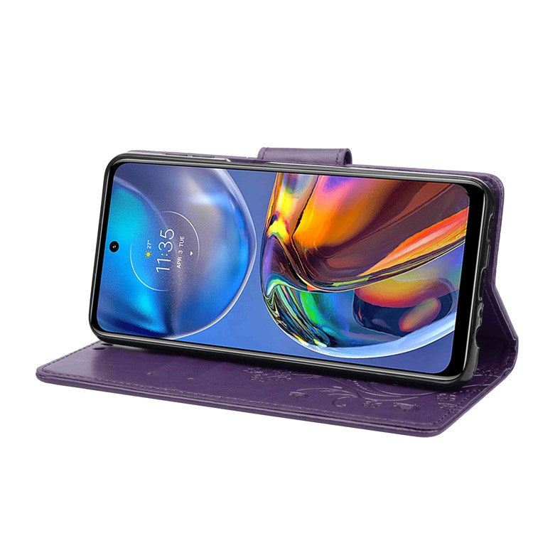 Butterfly Flower Imprinting Wallet Leather Case for Motorola Moto E32, Phone Shell Accessory with Stand - Purple