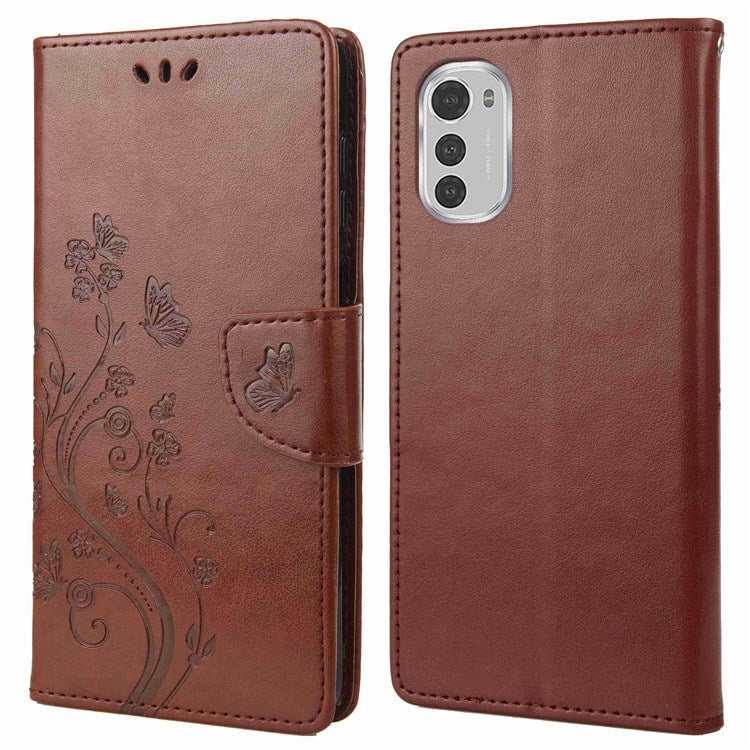 Butterfly Flower Imprinting Wallet Leather Case for Motorola Moto E32, Phone Shell Accessory with Stand - Brown