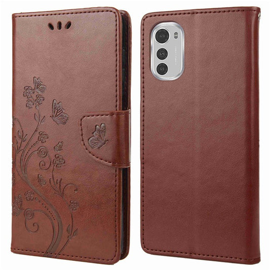 Butterfly Flower Imprinting Wallet Leather Case for Motorola Moto E32, Phone Shell Accessory with Stand - Brown