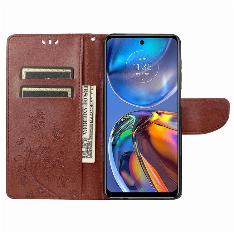 Butterfly Flower Imprinting Wallet Leather Case for Motorola Moto E32, Phone Shell Accessory with Stand - Brown