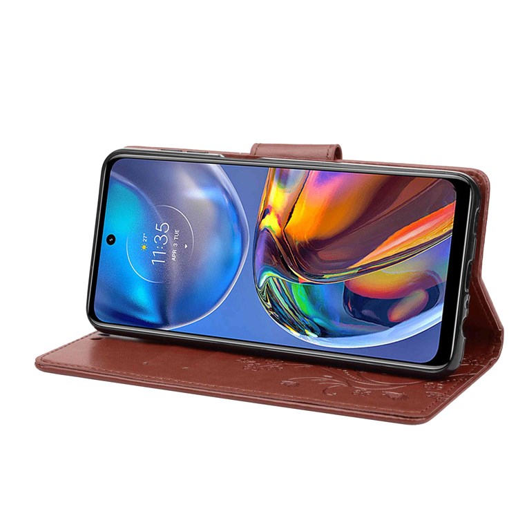 Butterfly Flower Imprinting Wallet Leather Case for Motorola Moto E32, Phone Shell Accessory with Stand - Brown