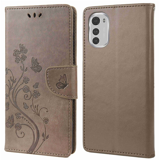 Butterfly Flower Imprinting Wallet Leather Case for Motorola Moto E32, Phone Shell Accessory with Stand - Grey