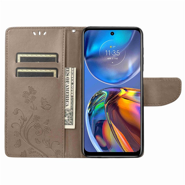 Butterfly Flower Imprinting Wallet Leather Case for Motorola Moto E32, Phone Shell Accessory with Stand - Grey