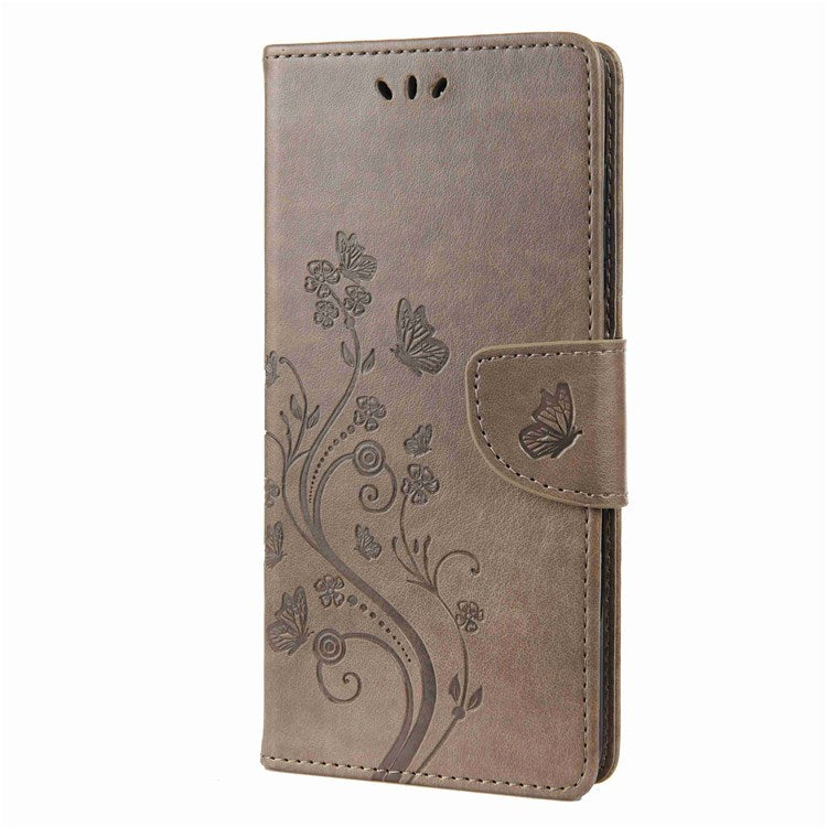 Butterfly Flower Imprinting Wallet Leather Case for Motorola Moto E32, Phone Shell Accessory with Stand - Grey