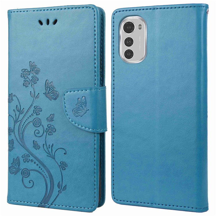 Butterfly Flower Imprinting Wallet Leather Case for Motorola Moto E32, Phone Shell Accessory with Stand - Blue