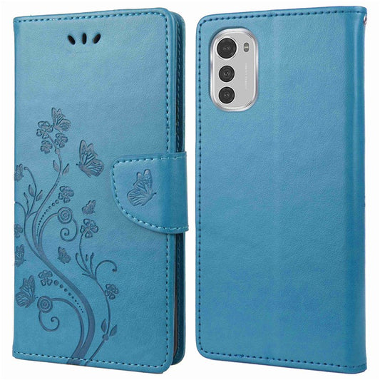 Butterfly Flower Imprinting Wallet Leather Case for Motorola Moto E32, Phone Shell Accessory with Stand - Blue