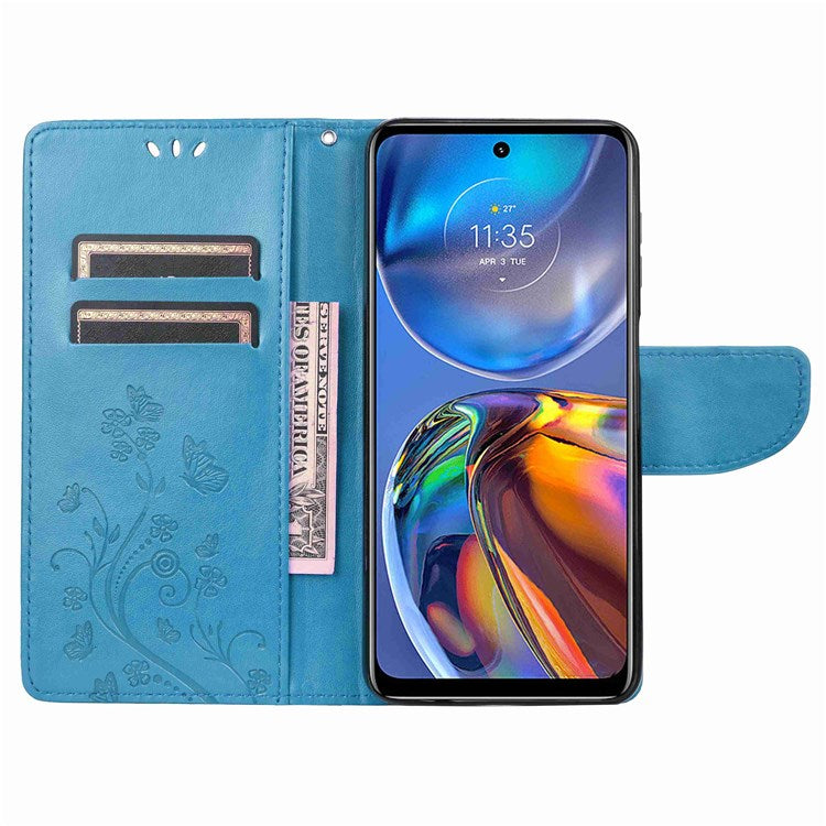 Butterfly Flower Imprinting Wallet Leather Case for Motorola Moto E32, Phone Shell Accessory with Stand - Blue
