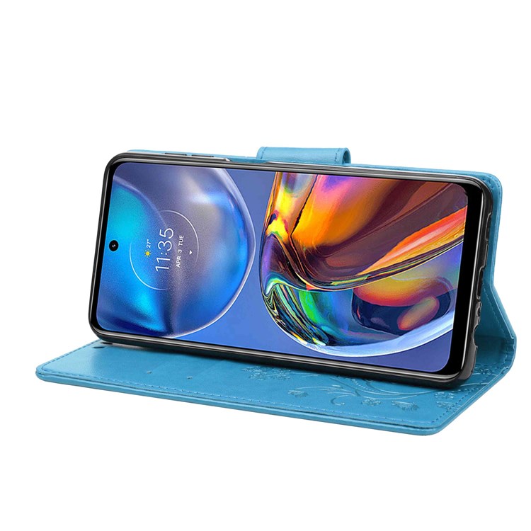 Butterfly Flower Imprinting Wallet Leather Case for Motorola Moto E32, Phone Shell Accessory with Stand - Blue
