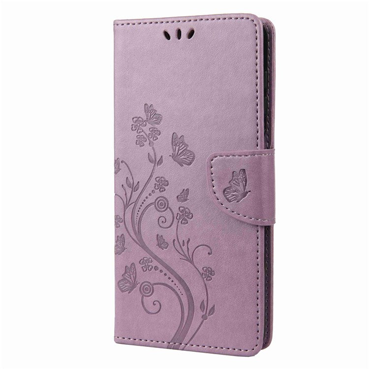 Butterfly Flower Imprinting Wallet Leather Case for Motorola Moto E32, Phone Shell Accessory with Stand - Light Purple