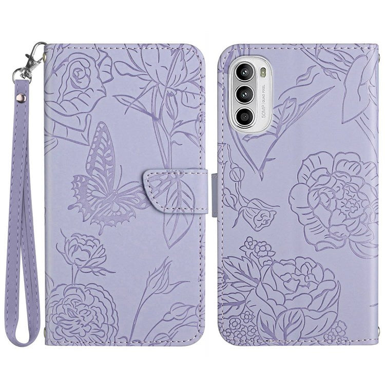 Butterfly Flowers Imprinting PU Leather Phone Shell for Motorola Moto G82 5G / G52 4G, Wallet Stand Design Skin Touch Leather Phone Case with Handy Strap - Light Purple