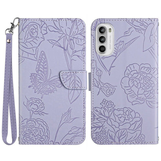 Butterfly Flowers Imprinting PU Leather Phone Shell for Motorola Moto G82 5G / G52 4G, Wallet Stand Design Skin Touch Leather Phone Case with Handy Strap - Light Purple