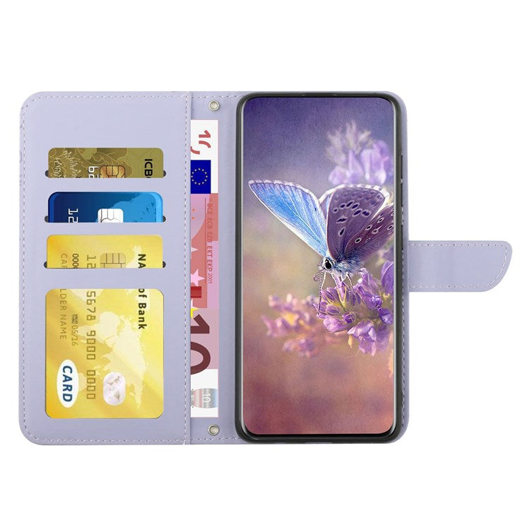 Butterfly Flowers Imprinting PU Leather Phone Shell for Motorola Moto G82 5G / G52 4G, Wallet Stand Design Skin Touch Leather Phone Case with Handy Strap - Light Purple
