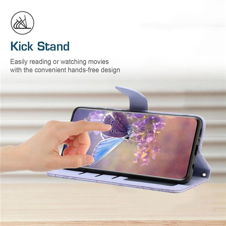 Butterfly Flowers Imprinting PU Leather Phone Shell for Motorola Moto G82 5G / G52 4G, Wallet Stand Design Skin Touch Leather Phone Case with Handy Strap - Light Purple