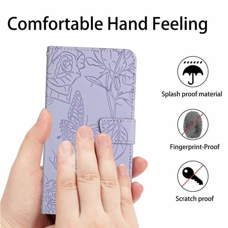 Butterfly Flowers Imprinting PU Leather Phone Shell for Motorola Moto G82 5G / G52 4G, Wallet Stand Design Skin Touch Leather Phone Case with Handy Strap - Light Purple