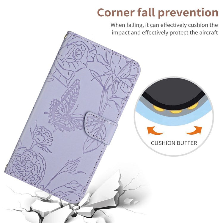 Butterfly Flowers Imprinting PU Leather Phone Shell for Motorola Moto G82 5G / G52 4G, Wallet Stand Design Skin Touch Leather Phone Case with Handy Strap - Light Purple