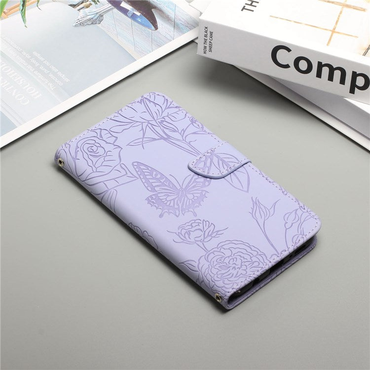 Butterfly Flowers Imprinting PU Leather Phone Shell for Motorola Moto G82 5G / G52 4G, Wallet Stand Design Skin Touch Leather Phone Case with Handy Strap - Light Purple
