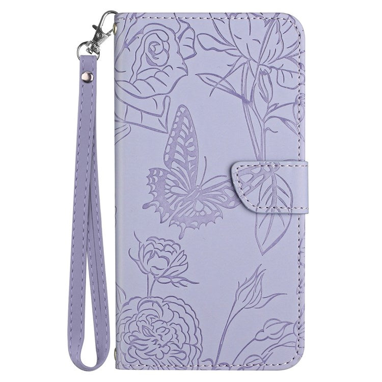 Butterfly Flowers Imprinting PU Leather Phone Shell for Motorola Moto G82 5G / G52 4G, Wallet Stand Design Skin Touch Leather Phone Case with Handy Strap - Light Purple