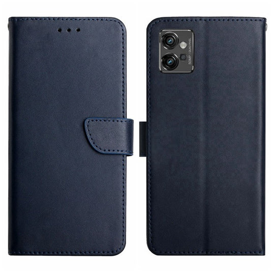 HT02 Shockproof Phone Case for Motorola Moto G32 4G, Nappa Texture Genuine Leather Magnetic Closure Stand Phone Cover - Blue