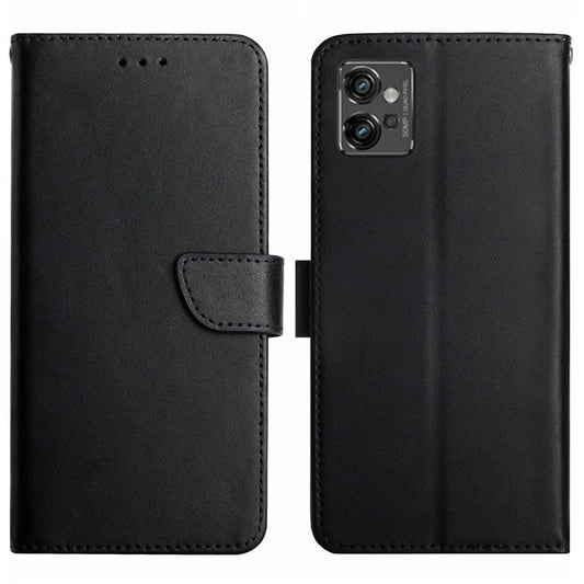 HT02 Shockproof Phone Case for Motorola Moto G32 4G, Nappa Texture Genuine Leather Magnetic Closure Stand Phone Cover - Black