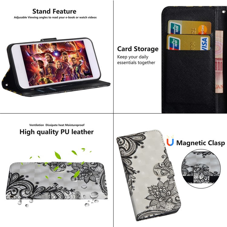 Patterned Wallet Stand Leather Phone Cover for Xiaomi Redmi 6A (Single 12MP Rear Camera) - Lace Flower