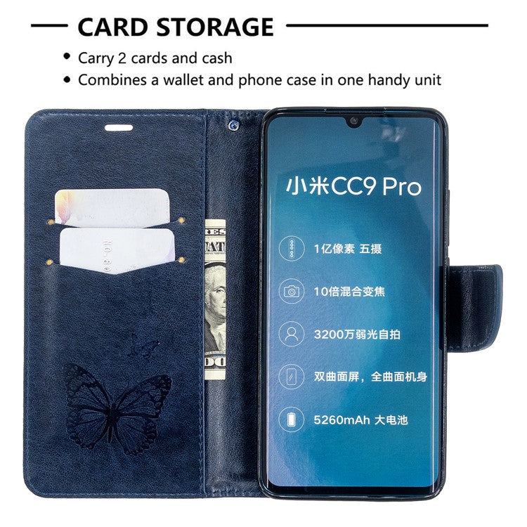 Imprint Butterfly Magnetic Leather Stand Case for Xiaomi Mi CC9 Pro / Mi Note 10 / Mi Note 10 Pro - Blue