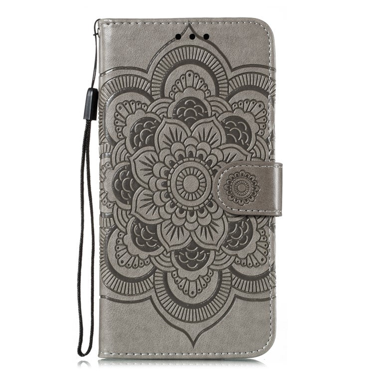 Imprint Mandala Flower Leather Wallet Stand Case for Xiaomi Mi 10 / Mi 10 Pro - Grey