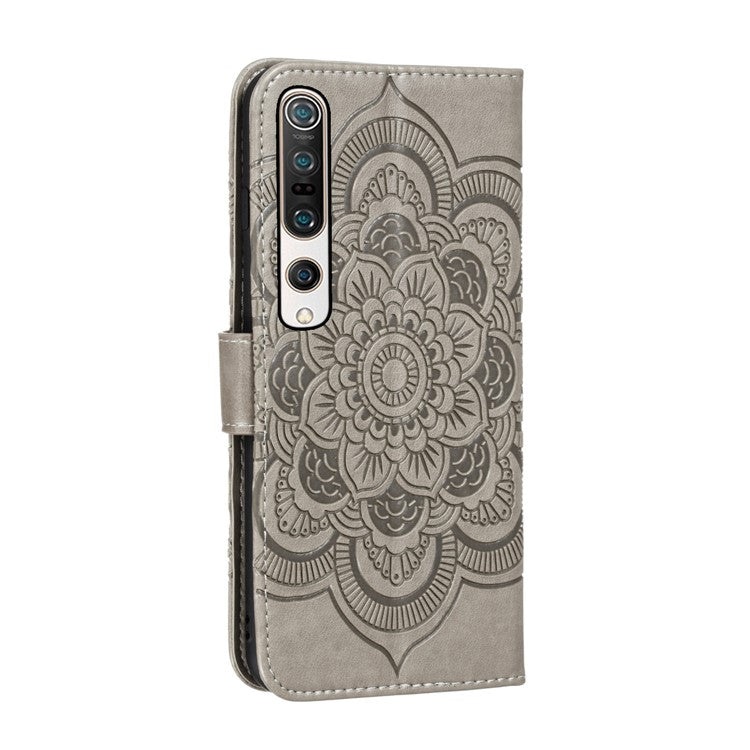 Imprint Mandala Flower Leather Wallet Stand Case for Xiaomi Mi 10 / Mi 10 Pro - Grey