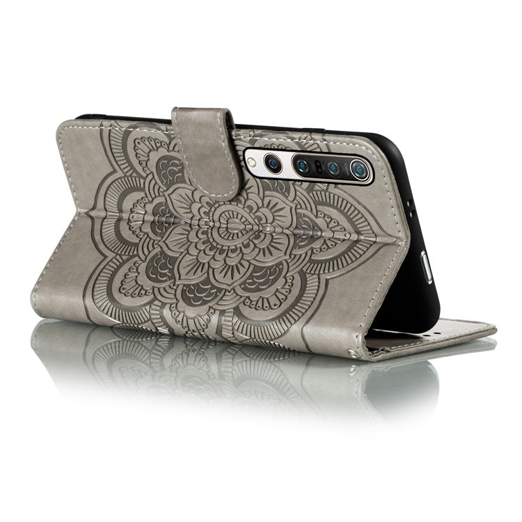 Imprint Mandala Flower Leather Wallet Stand Case for Xiaomi Mi 10 / Mi 10 Pro - Grey