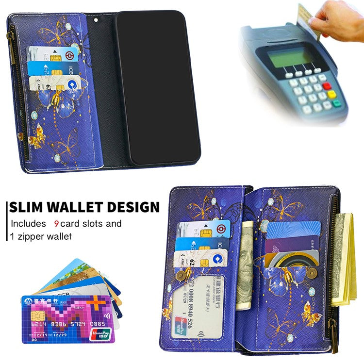 BF03 Pattern Printing Zipper Wallet Leather Phone Case for Xiaomi Redmi Note 8T - Gold Butterfly