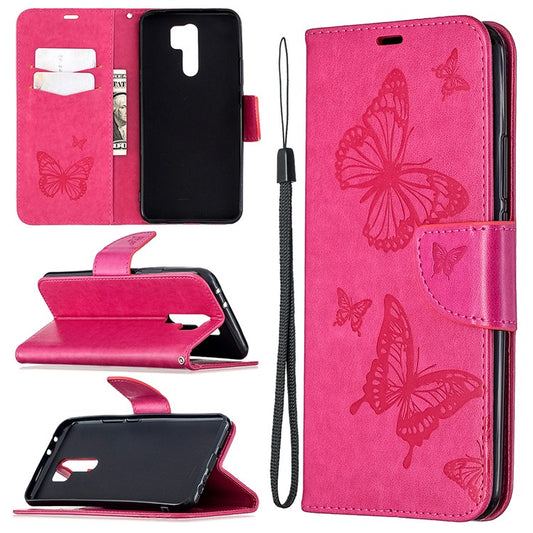 Imprint Butterflies Wallet Stand Flip Leather Phone Shell for Xiaomi Redmi 9 - Rose
