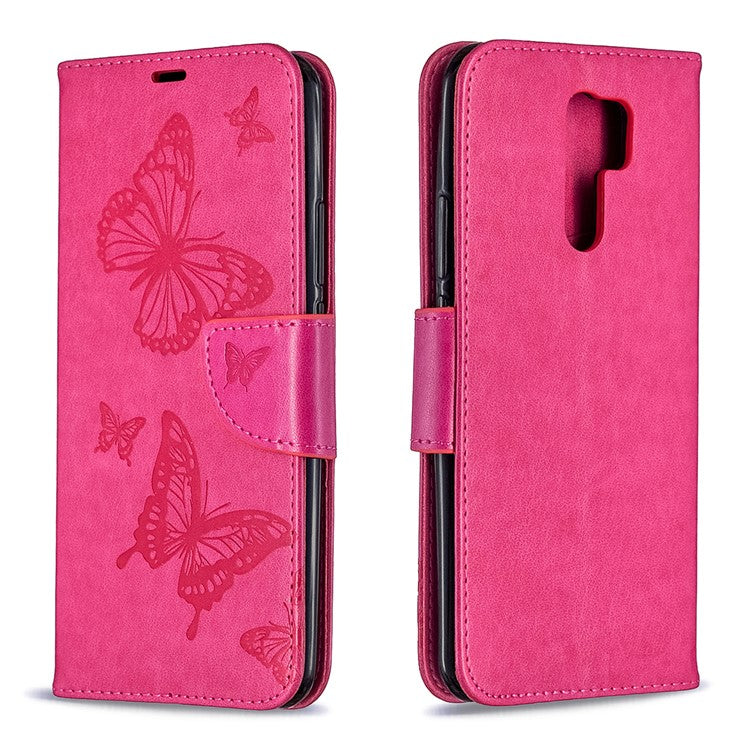 Imprint Butterflies Wallet Stand Flip Leather Phone Shell for Xiaomi Redmi 9 - Rose
