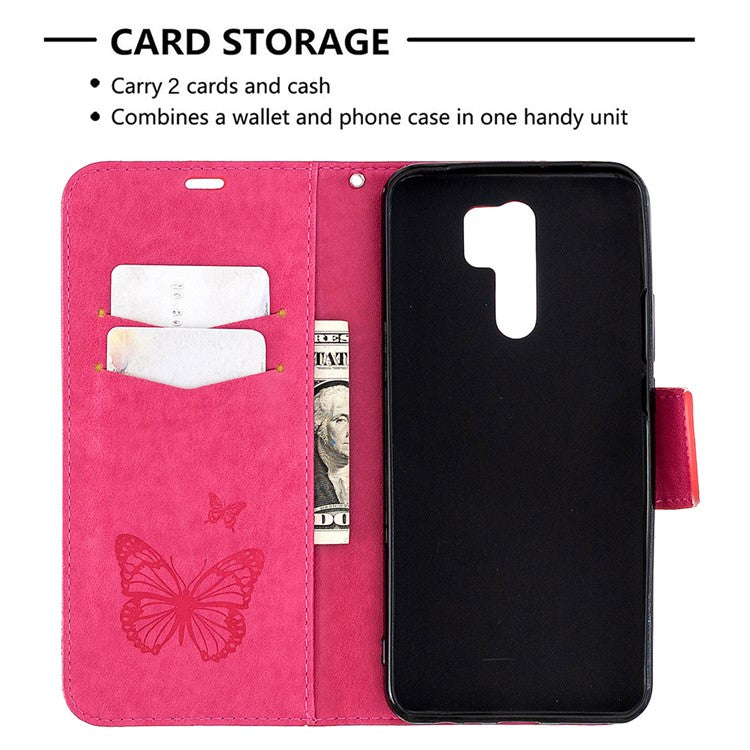 Imprint Butterflies Wallet Stand Flip Leather Phone Shell for Xiaomi Redmi 9 - Rose
