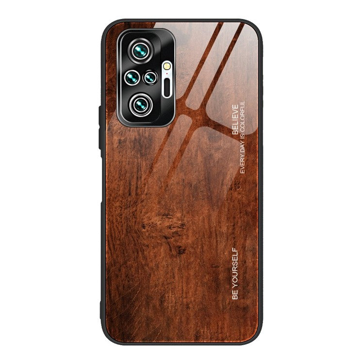 Wood Grain Pattern TPU+Tempered Glass Back Case for Xiaomi Redmi Note 10 Pro/Note 10 Pro Max - Coffee