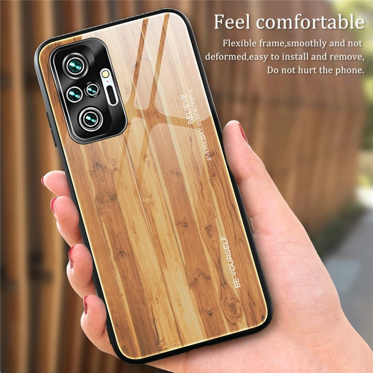 Wood Grain Pattern TPU+Tempered Glass Back Case for Xiaomi Redmi Note 10 Pro/Note 10 Pro Max - Coffee