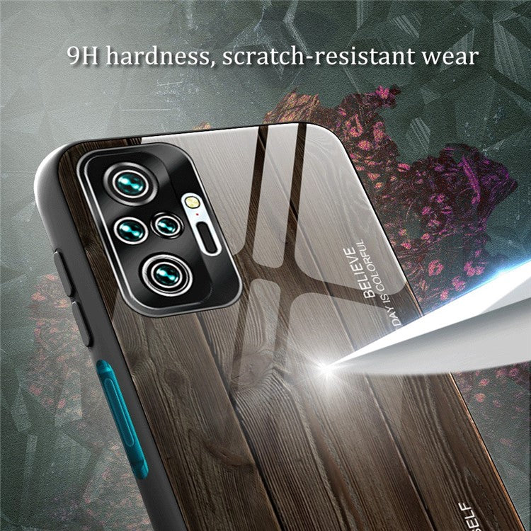 Wood Grain Pattern TPU+Tempered Glass Back Case for Xiaomi Redmi Note 10 Pro/Note 10 Pro Max - Coffee