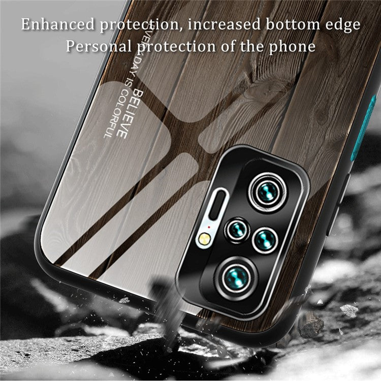 Wood Grain Pattern TPU+Tempered Glass Back Case for Xiaomi Redmi Note 10 Pro/Note 10 Pro Max - Coffee