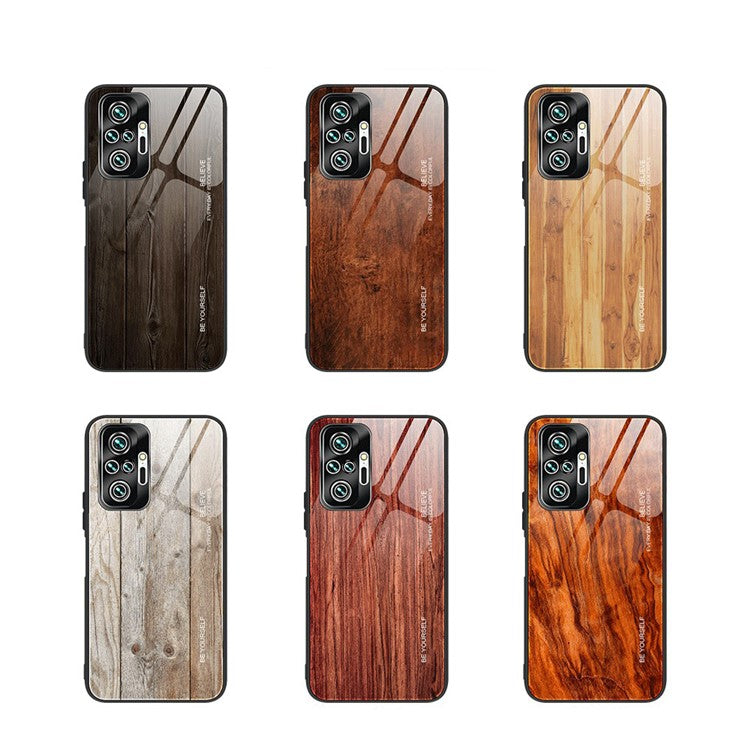 Wood Grain Pattern TPU+Tempered Glass Back Case for Xiaomi Redmi Note 10 Pro/Note 10 Pro Max - Coffee