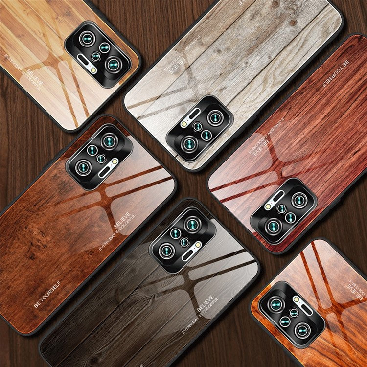 Wood Grain Pattern TPU+Tempered Glass Back Case for Xiaomi Redmi Note 10 Pro/Note 10 Pro Max - Coffee
