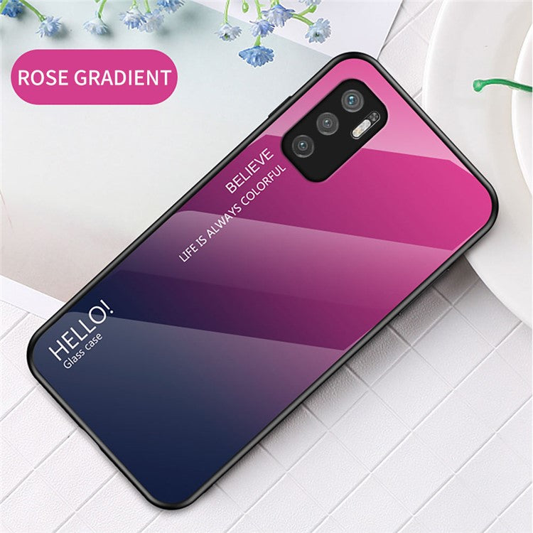 Well-Protected Color Gradient Design Tempered Glass Anti-Scratch Cell Phone Back Case for Xiaomi Redmi Note 10 5G/Poco M3 Pro 4G/Poco M3 Pro 5G - Rose/Blue