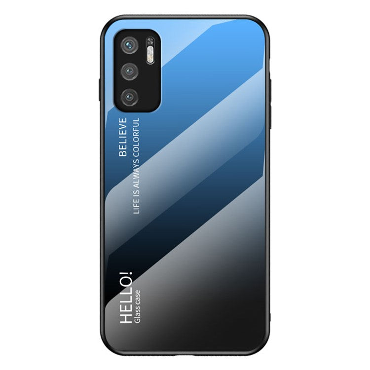 Well-Protected Color Gradient Design Tempered Glass Anti-Scratch Cell Phone Back Case for Xiaomi Redmi Note 10 5G/Poco M3 Pro 4G/Poco M3 Pro 5G - Blue/Black
