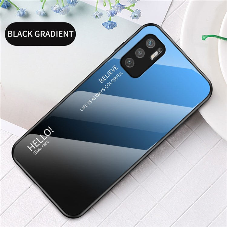 Well-Protected Color Gradient Design Tempered Glass Anti-Scratch Cell Phone Back Case for Xiaomi Redmi Note 10 5G/Poco M3 Pro 4G/Poco M3 Pro 5G - Blue/Black