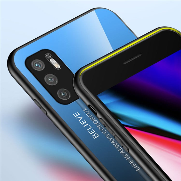 Well-Protected Color Gradient Design Tempered Glass Anti-Scratch Cell Phone Back Case for Xiaomi Redmi Note 10 5G/Poco M3 Pro 4G/Poco M3 Pro 5G - Blue/Black