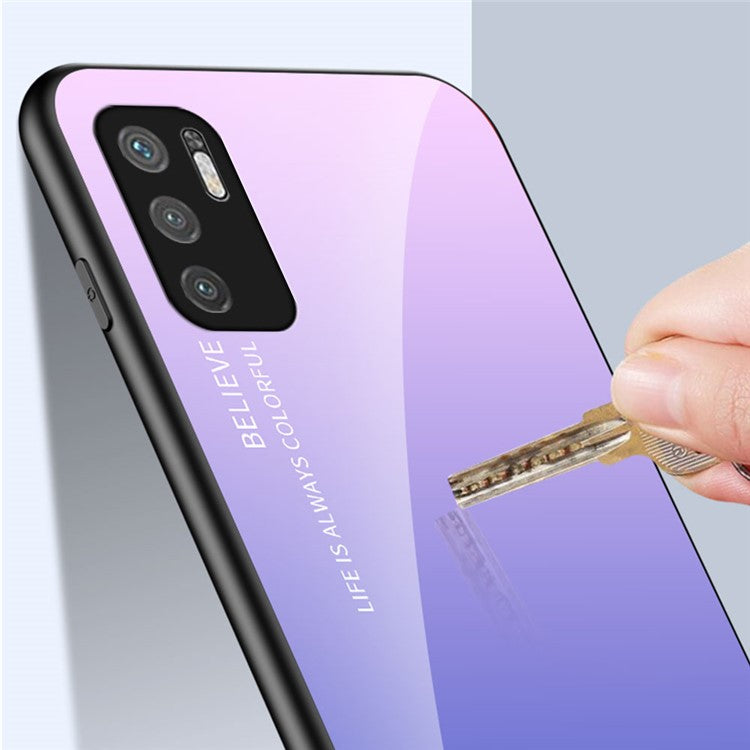Well-Protected Color Gradient Design Tempered Glass Anti-Scratch Cell Phone Back Case for Xiaomi Redmi Note 10 5G/Poco M3 Pro 4G/Poco M3 Pro 5G - Blue/Black