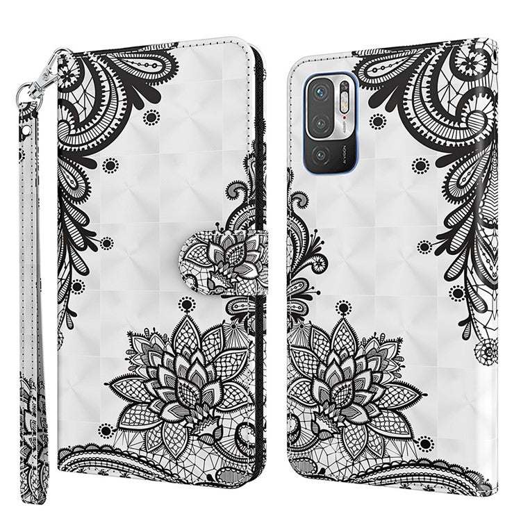 For Xiaomi Redmi Note 10 5G/Xiaomi Poco M3 Pro 4G / 5G Wallet Phone Case Pattern Printed PU Leather Magnetic Closure Flip Cover with Strap/Cards Holder - Diagonal Black Flower