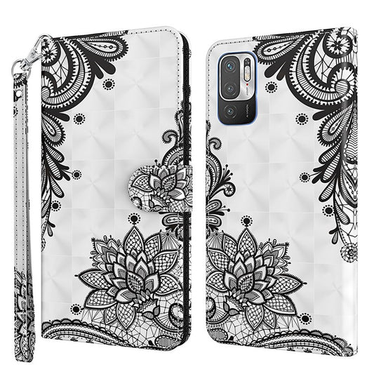 For Xiaomi Redmi Note 10 5G/Xiaomi Poco M3 Pro 4G / 5G Wallet Phone Case Pattern Printed PU Leather Magnetic Closure Flip Cover with Strap/Cards Holder - Diagonal Black Flower
