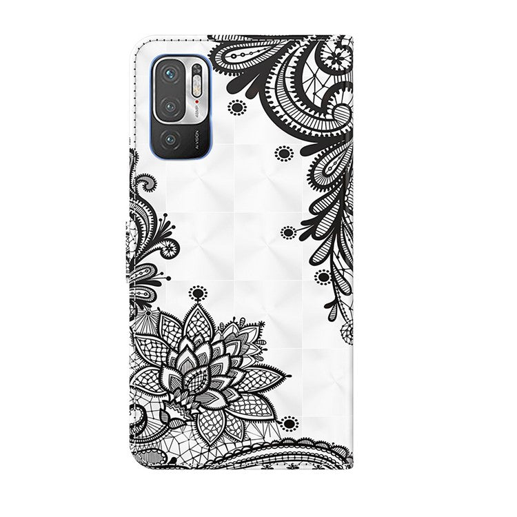 For Xiaomi Redmi Note 10 5G/Xiaomi Poco M3 Pro 4G / 5G Wallet Phone Case Pattern Printed PU Leather Magnetic Closure Flip Cover with Strap/Cards Holder - Diagonal Black Flower