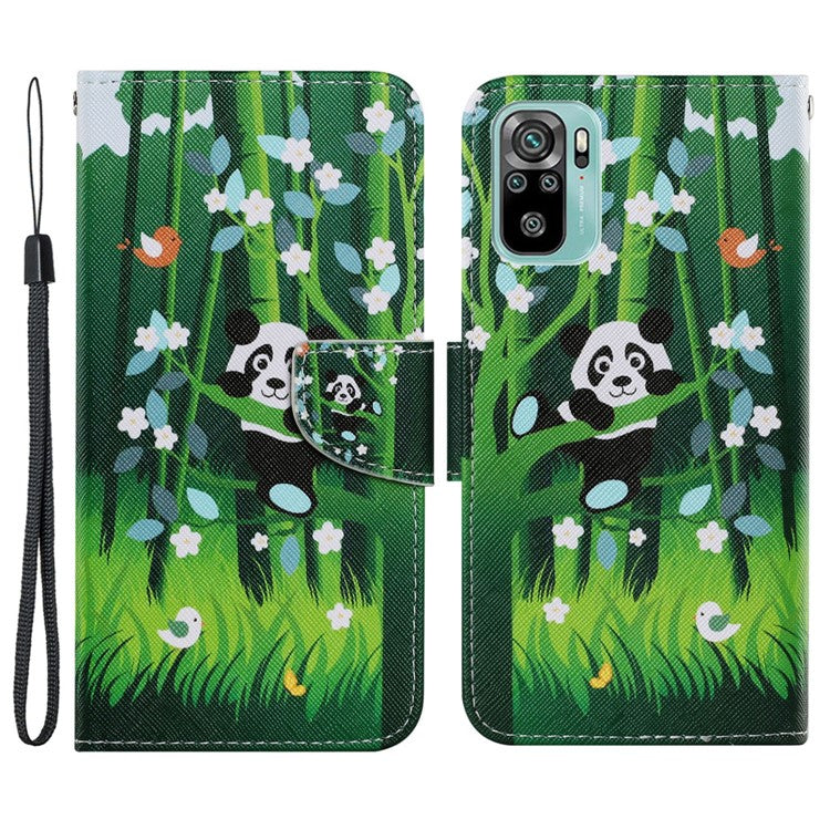 Pattern Printing Flip Leather Wallet Phone Shell Stand Case for Xiaomi Poco M5s 4G / Redmi Note 10 4G / Note 10S 4G - Panda and Bamboo