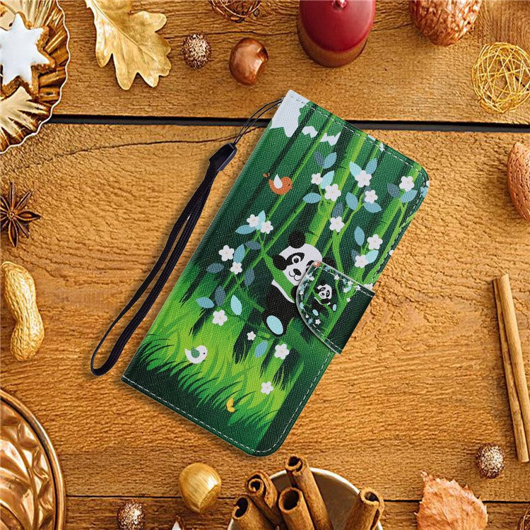 Pattern Printing Flip Leather Wallet Phone Shell Stand Case for Xiaomi Poco M5s 4G / Redmi Note 10 4G / Note 10S 4G - Panda and Bamboo
